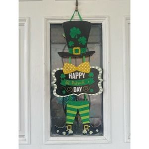 Happy Saint Patricks Day Glitter Wood Hanging Leprechaun Wreath Door Hanger Sign